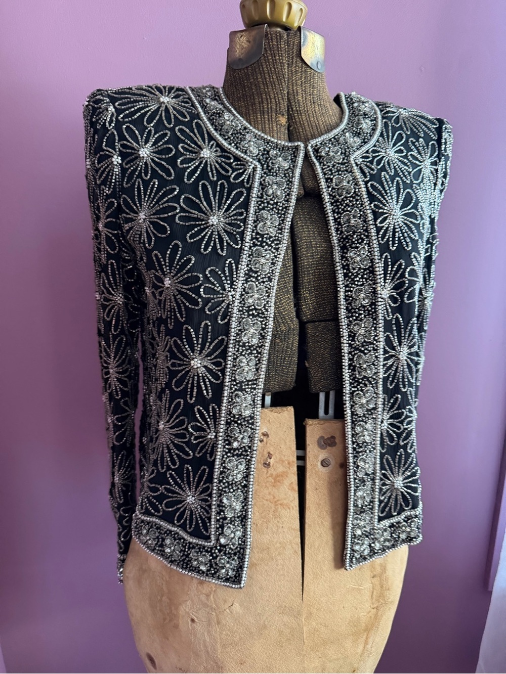 Papell Boutique Black Beaded Floral Open-Front Jacket